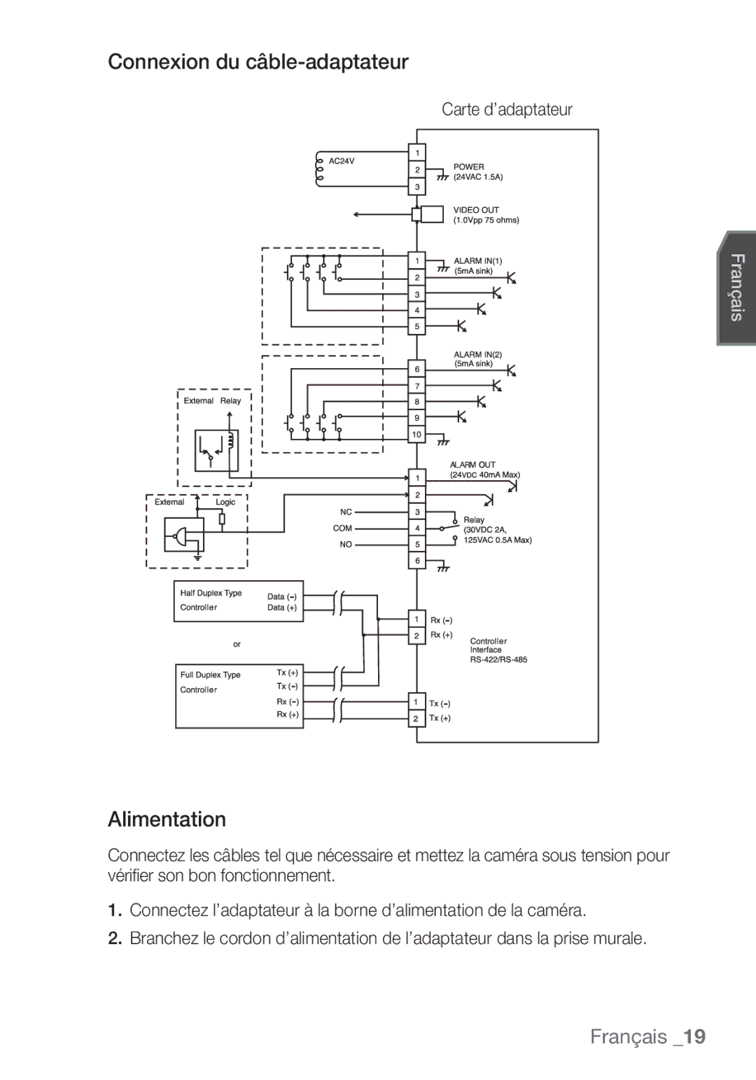 Samsung SCC-C7453P manual Connexion du câble-adaptateur, Alimentation, Carte d’adaptateur 