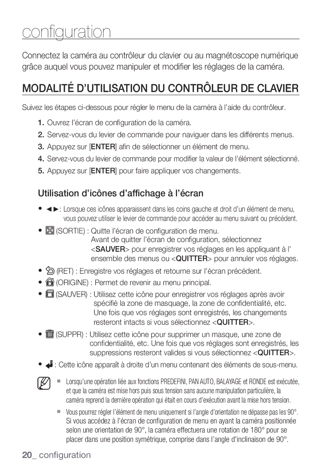 Samsung SCC-C7453P manual Configuration, Modalité D’UTILISATION DU Contrôleur DE Clavier 