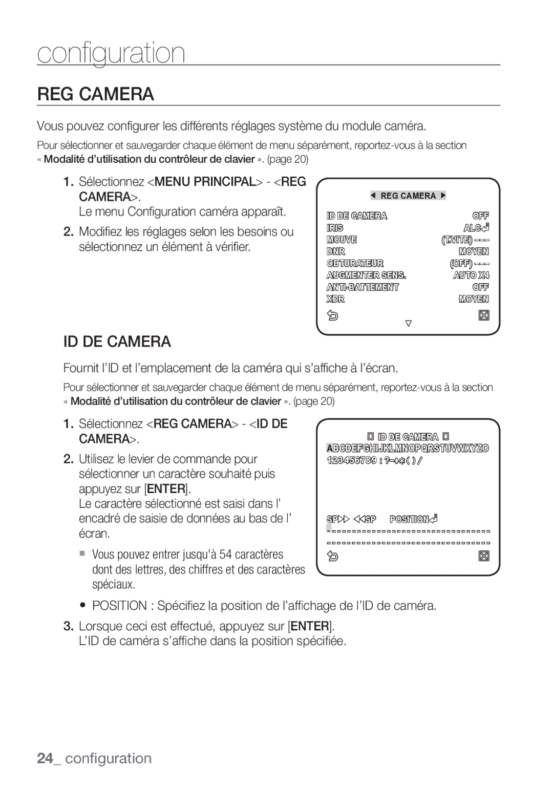 Samsung SCC-C7453P manual Sélectionnez REG Camera ID DE Camera 