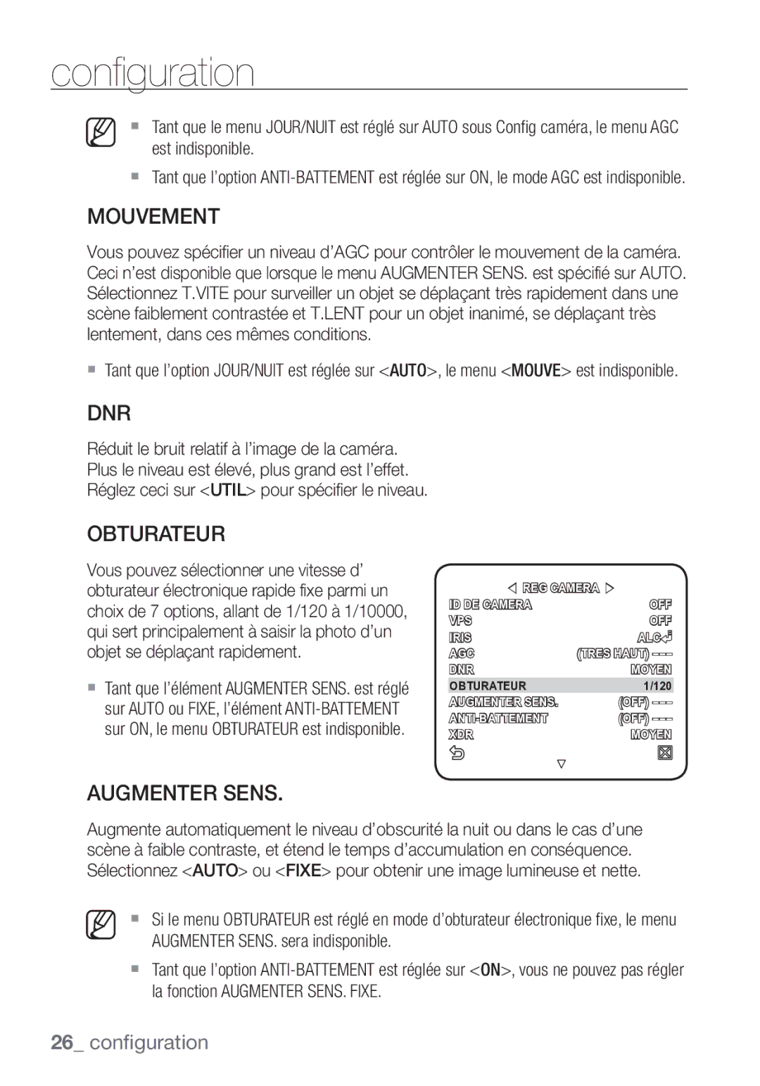 Samsung SCC-C7453P manual Mouvement, Obturateur, Augmenter Sens 