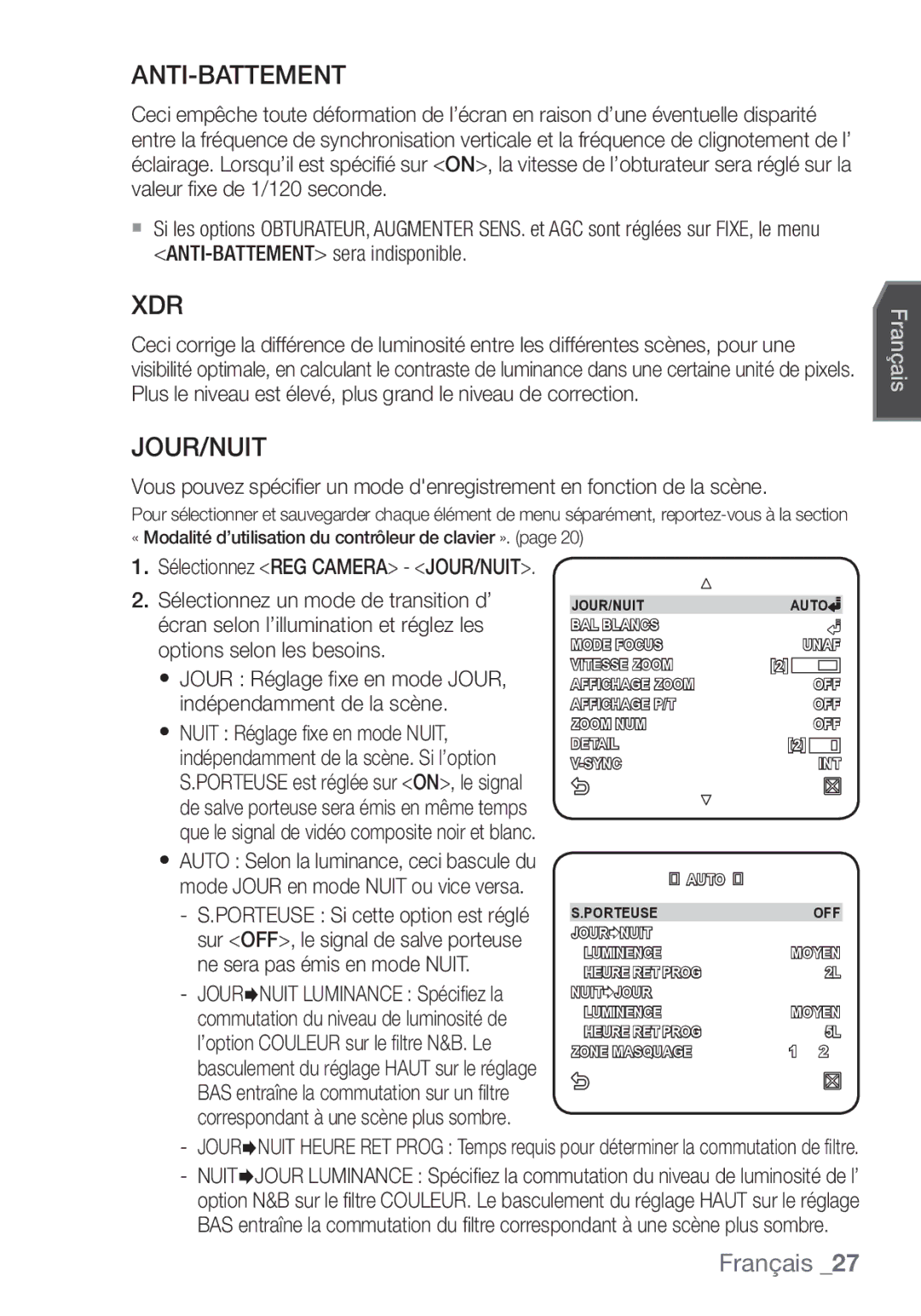 Samsung SCC-C7453P manual Anti-Battement, Jour/Nuit 