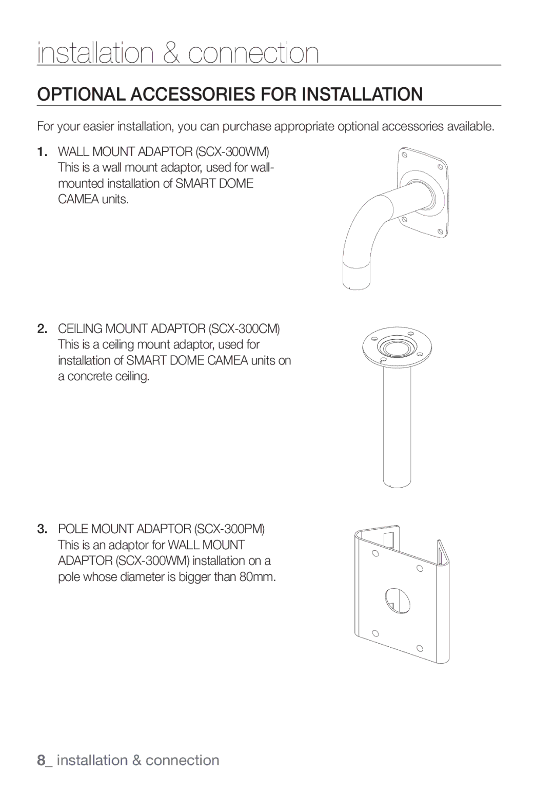 Samsung SCC-C7453P manual Installation & connection, Optional Accessories for Installation 