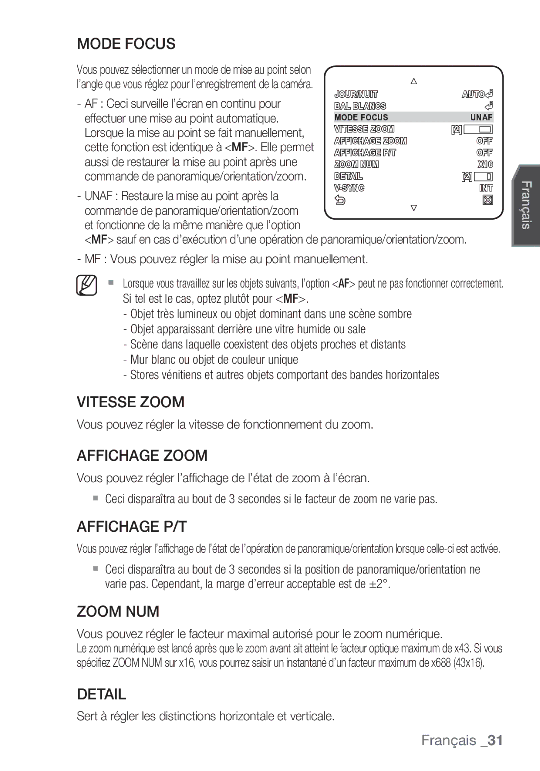 Samsung SCC-C7453P manual Mode Focus, Vitesse Zoom, Affichage Zoom, Affichage P/T, Zoom NUM 