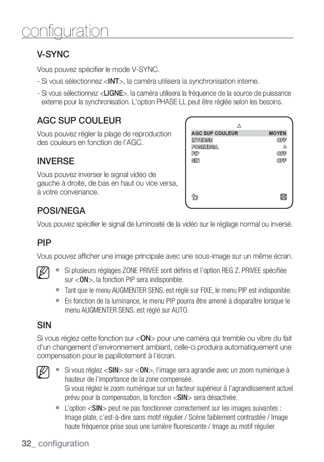 Samsung SCC-C7453P manual AGC SUP Couleur, Inverse, Sin 