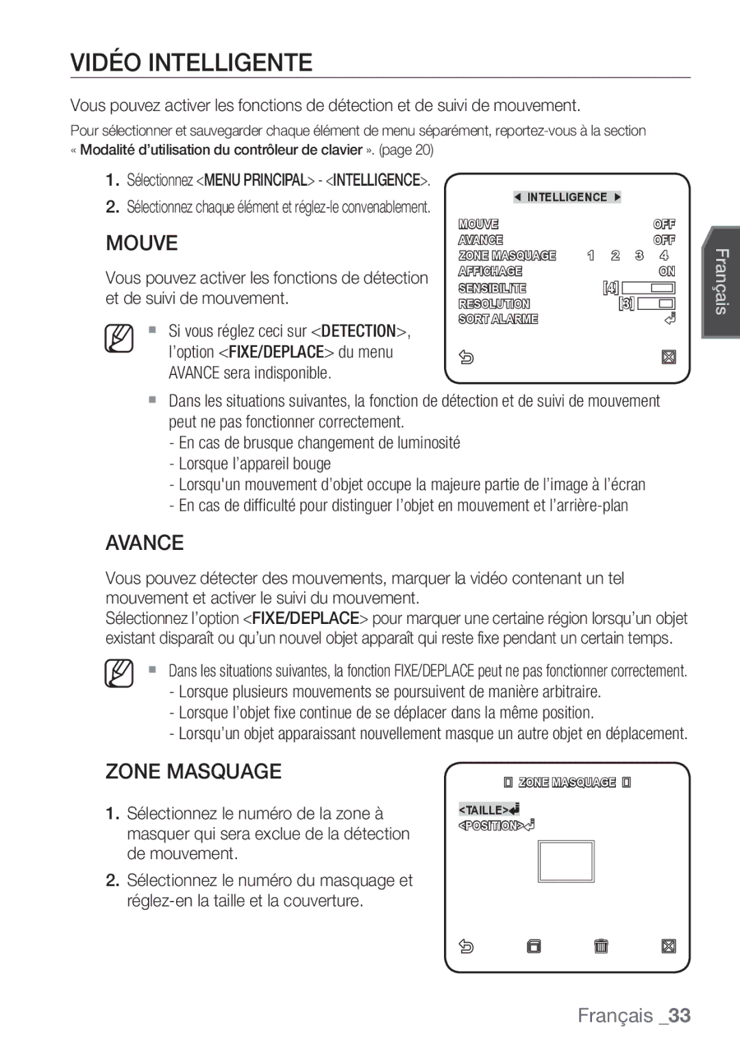 Samsung SCC-C7453P manual Vidéo Intelligente, Mouve, Avance, Zone Masquage 