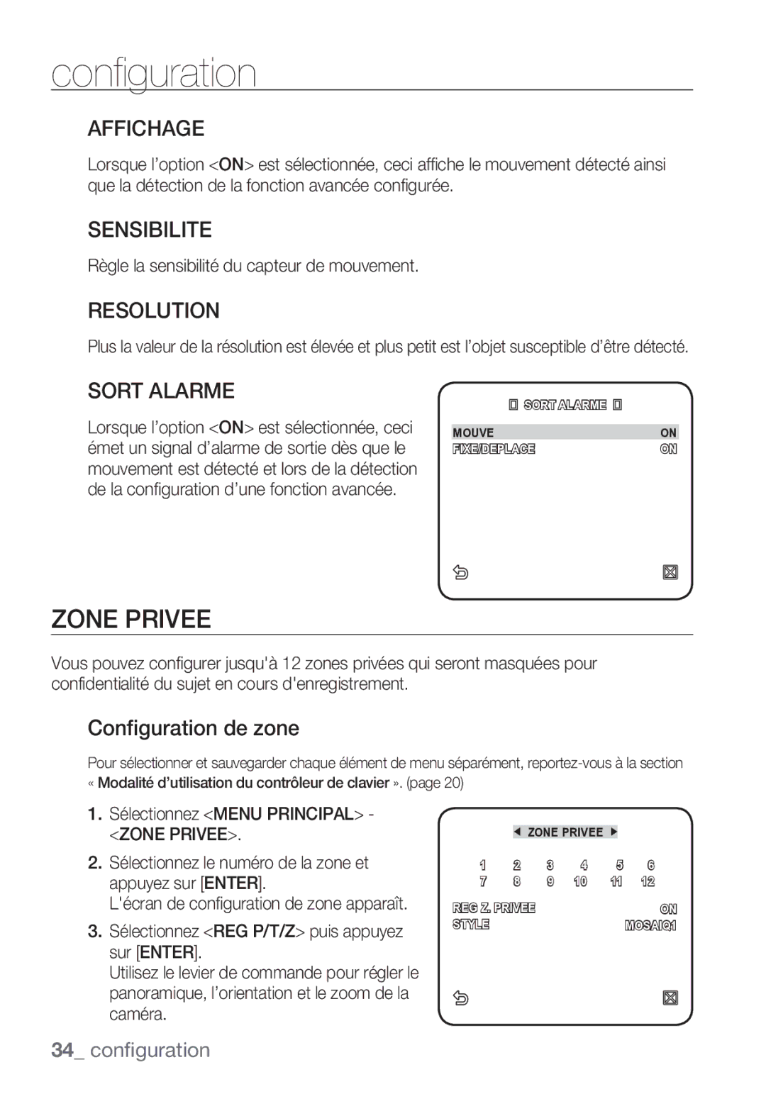 Samsung SCC-C7453P manual Zone Privee, Affichage, Sensibilite, Sort Alarme, Configuration de zone 