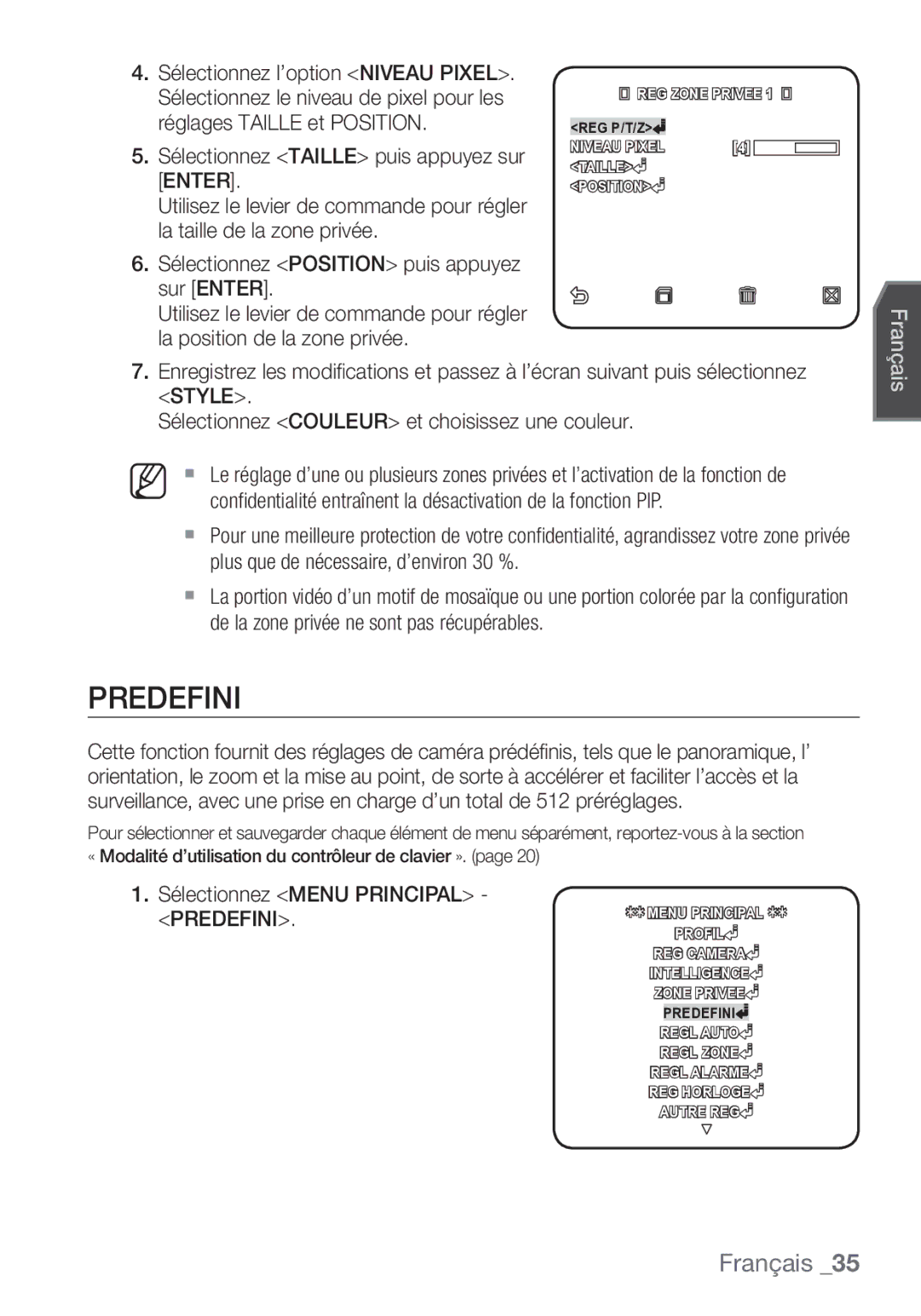 Samsung SCC-C7453P manual Predefini, Sélectionnez Menu Principal 