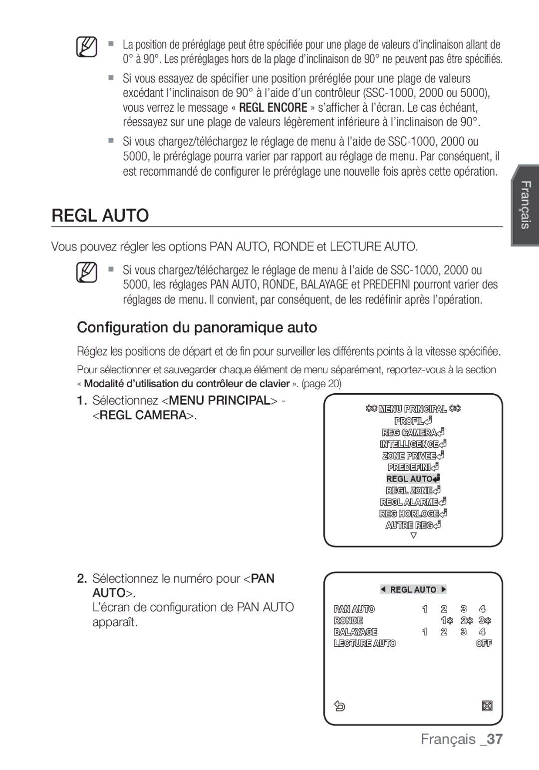 Samsung SCC-C7453P manual Regl Auto, Configuration du panoramique auto, Sélectionnez Menu Principal Regl Camera 