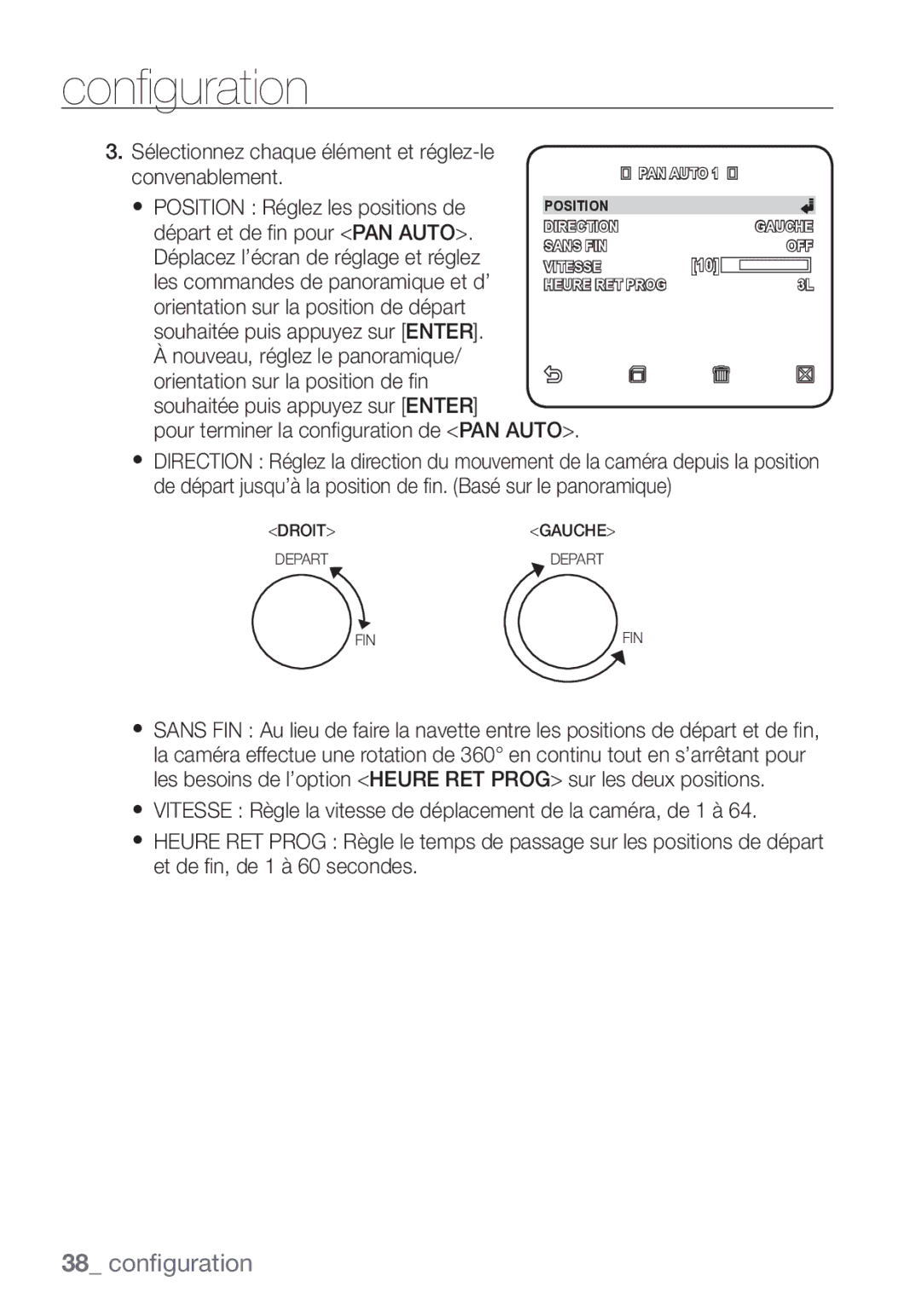 Samsung SCC-C7453P Sélectionnez chaque élément et réglez-le convenablement, Pour terminer la conﬁ guration de PAN Auto 