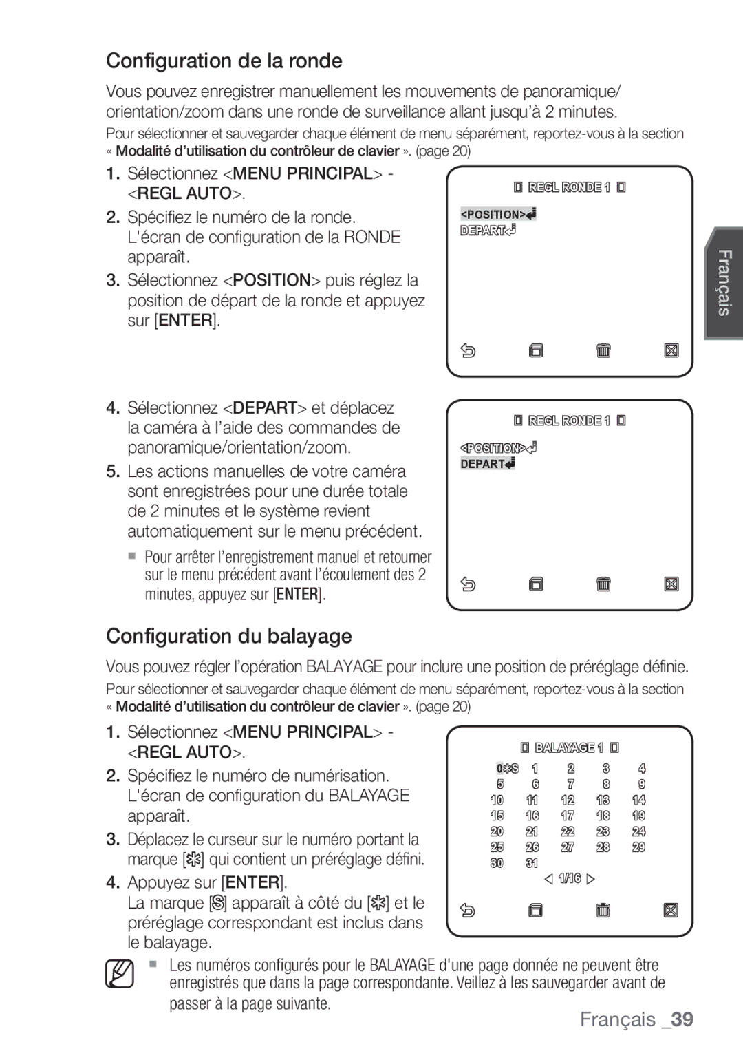 Samsung SCC-C7453P manual Configuration de la ronde, Configuration du balayage, Regl Auto 