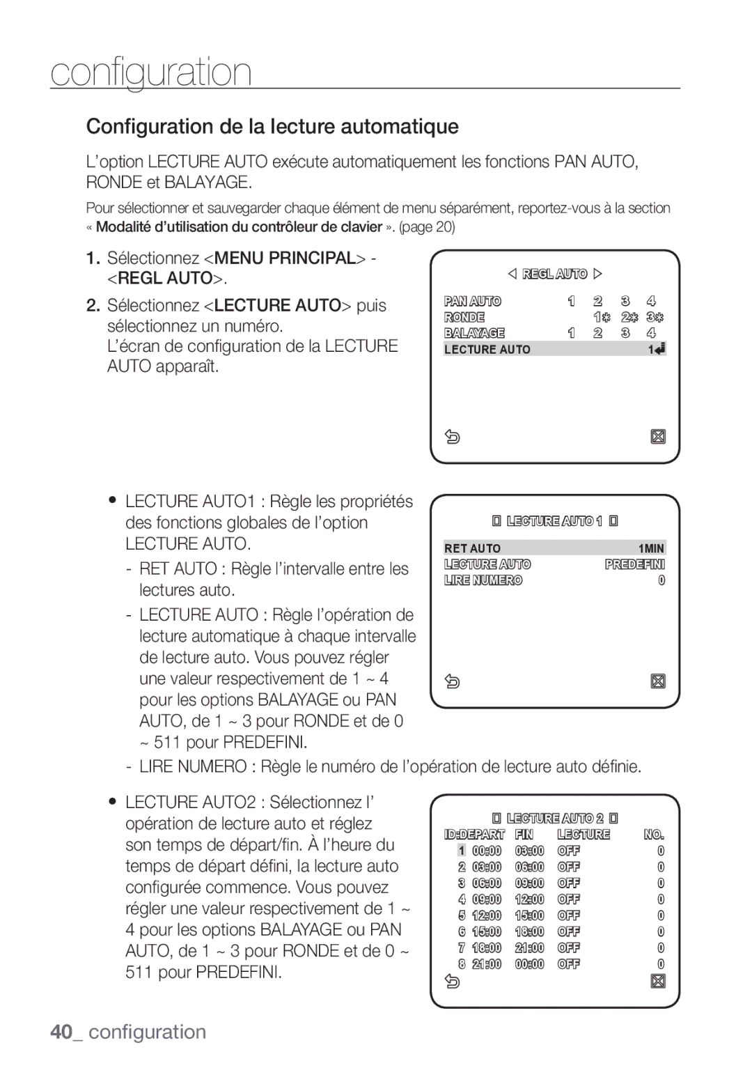 Samsung SCC-C7453P manual Configuration de la lecture automatique, Lecture Auto 