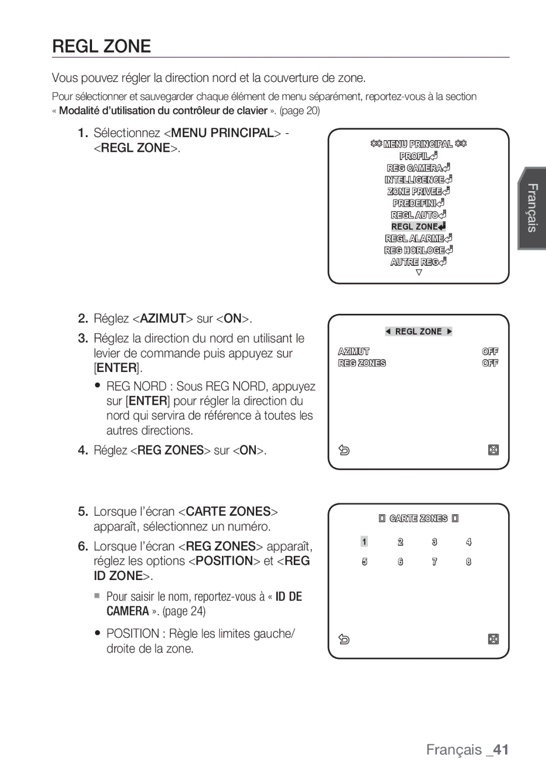 Samsung SCC-C7453P manual Regl Zone, Réglez REG Zones sur on 