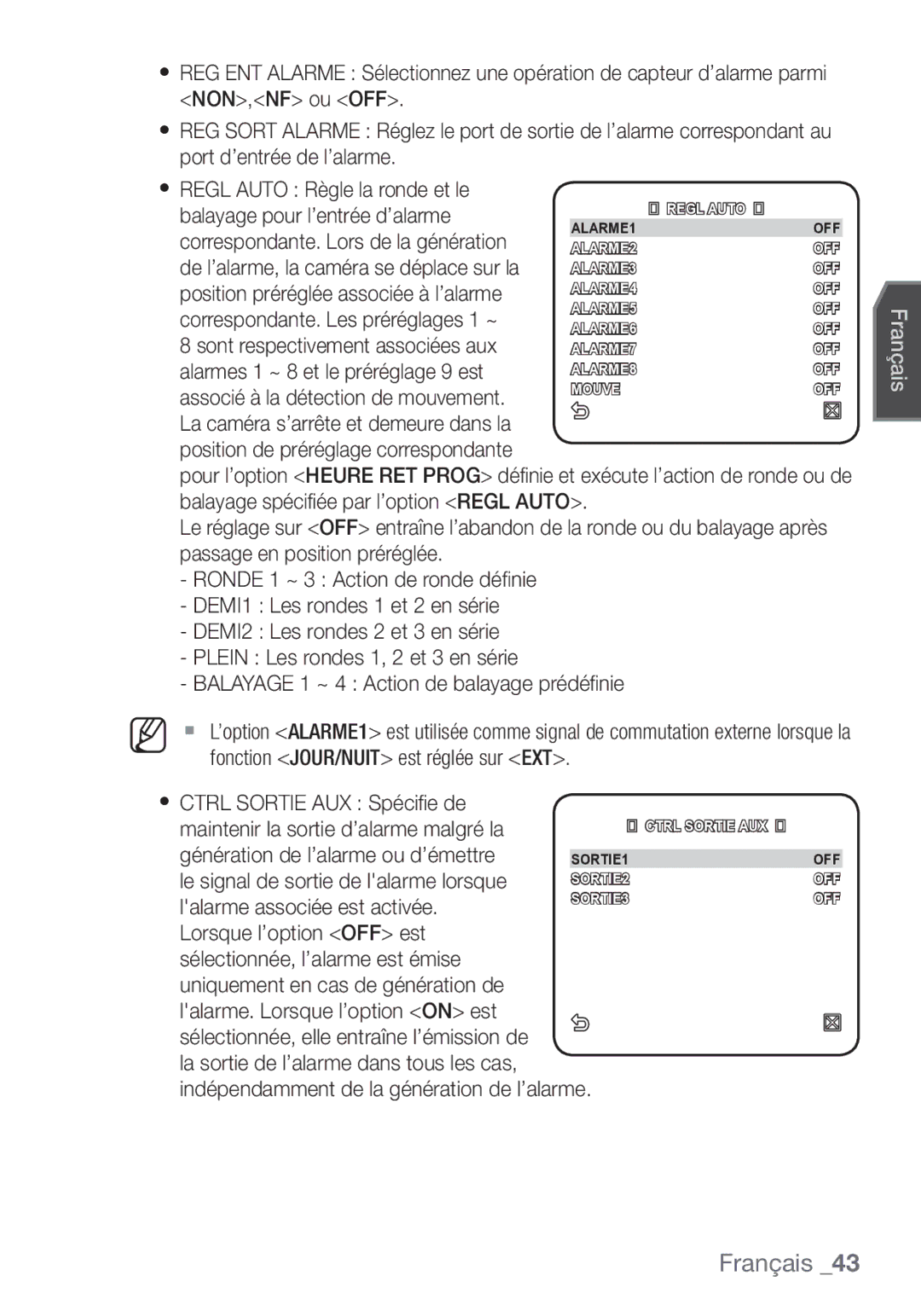 Samsung SCC-C7453P manual Génération de l’alarme ou d’émettre, Le signal de sortie de lalarme lorsque 