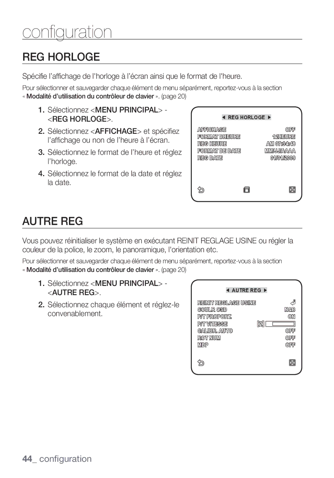 Samsung SCC-C7453P manual Autre REG, Sélectionnez Menu Principal REG Horloge 