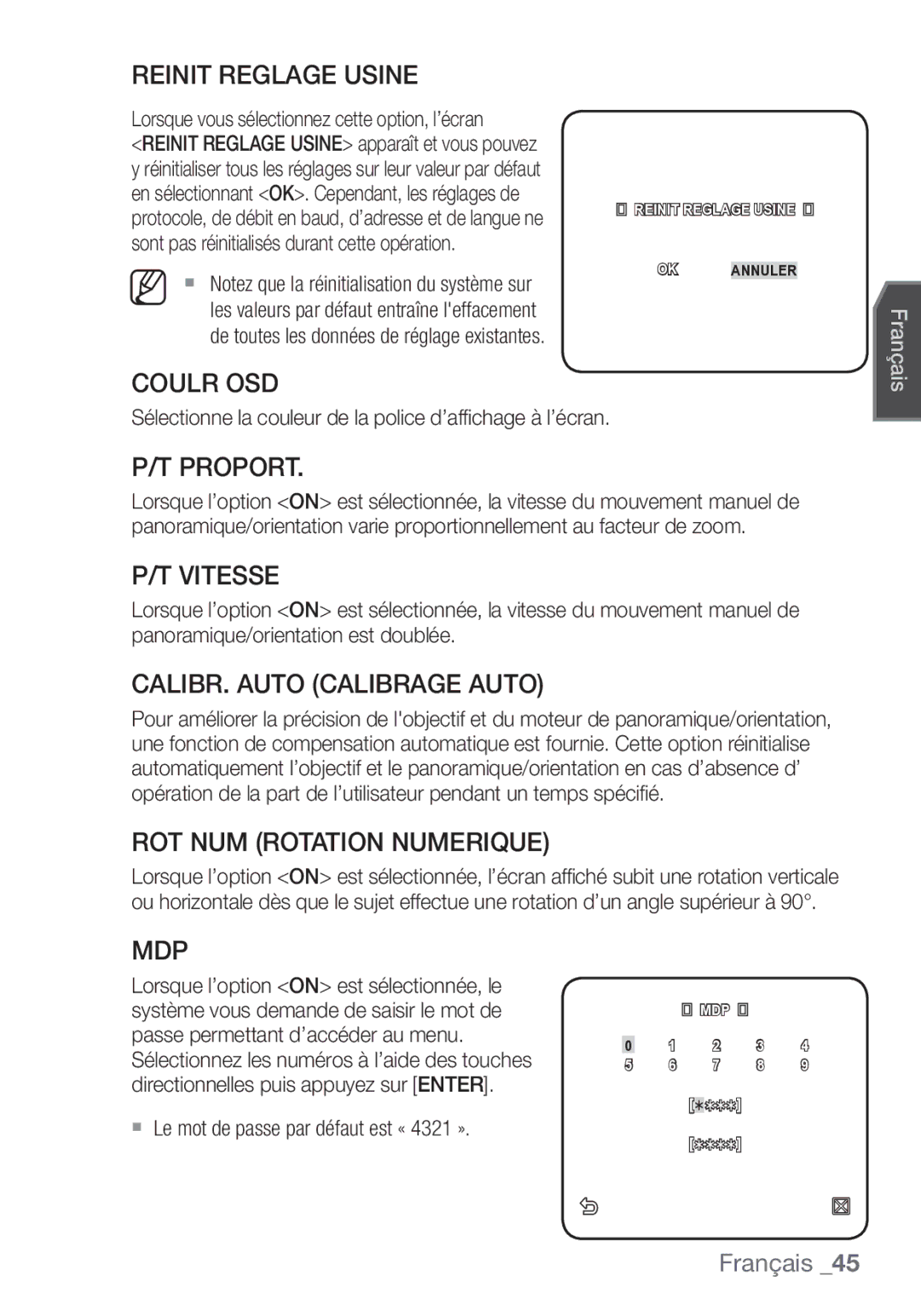 Samsung SCC-C7453P manual Reinit Reglage Usine, Coulr OSD, Proport, Vitesse, CALIBR. Auto Calibrage Auto, Mdp 