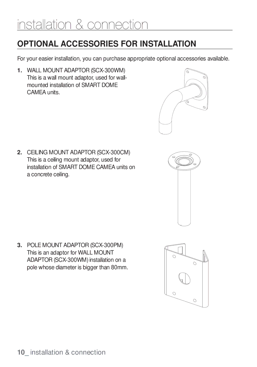 Samsung SCC-C7453P manual Installation & connection, Optional Accessories for Installation 