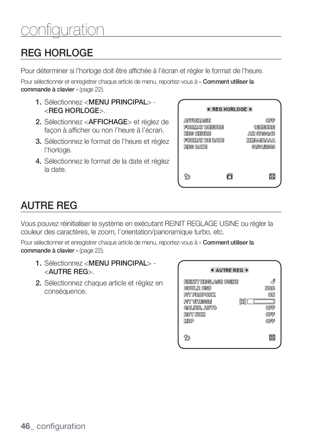 Samsung SCC-C7453P manual Autre REG, Sélectionnez Menu Principal REG Horloge 