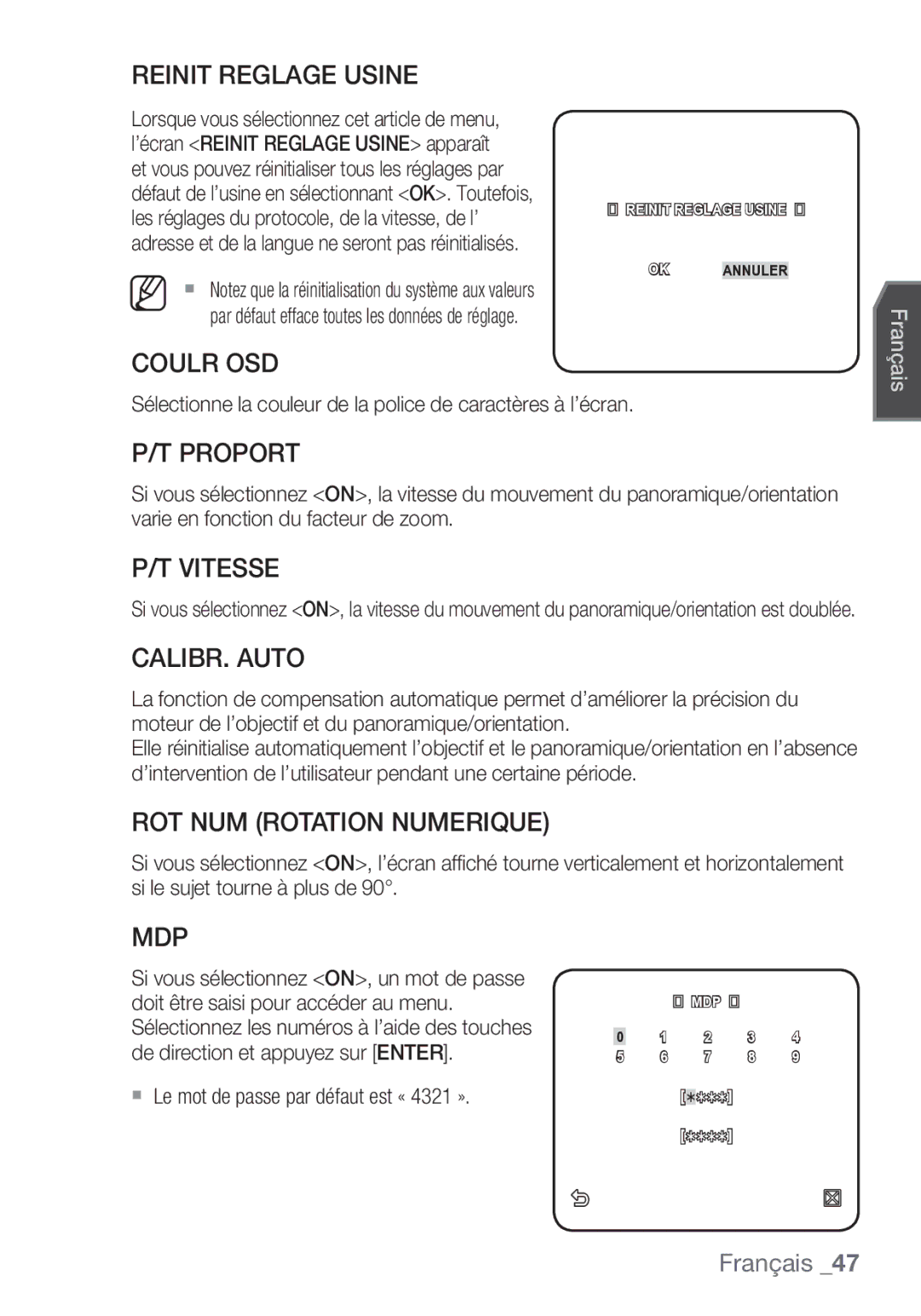 Samsung SCC-C7453P manual Reinit Reglage Usine, Coulr OSD, Proport, Vitesse, CALIBR. Auto, ROT NUM Rotation Numerique, Mdp 