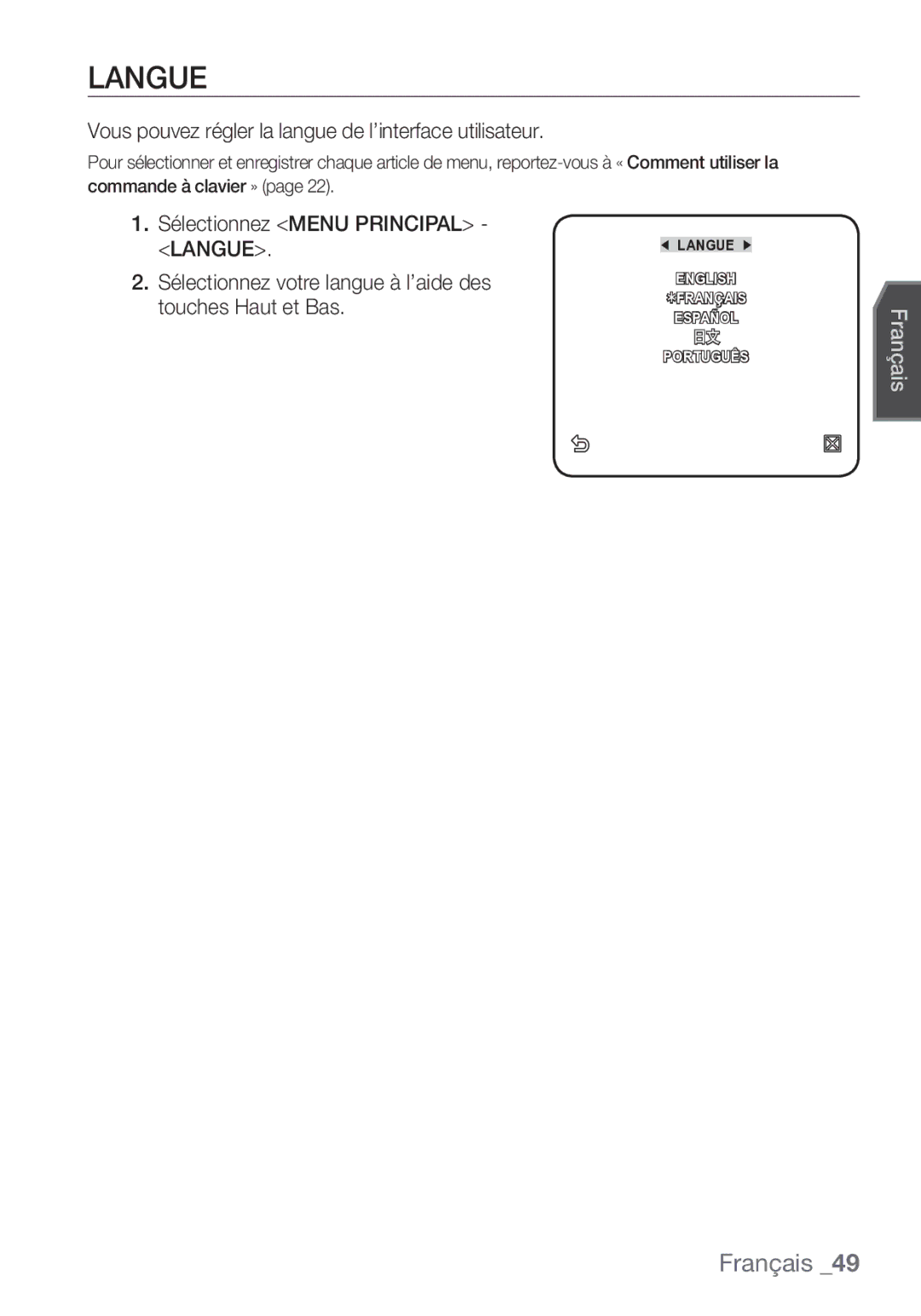 Samsung SCC-C7453P manual Langue, Vous pouvez régler la langue de l’interface utilisateur 