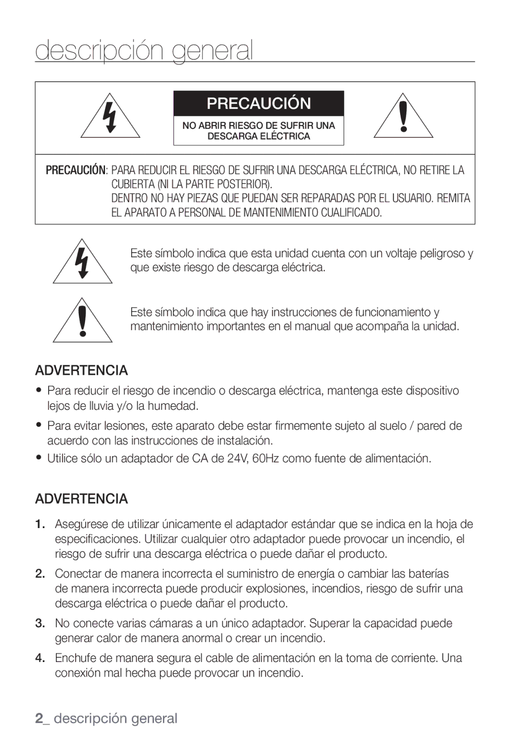 Samsung SCC-C7453P manual Descripción general, Advertencia 