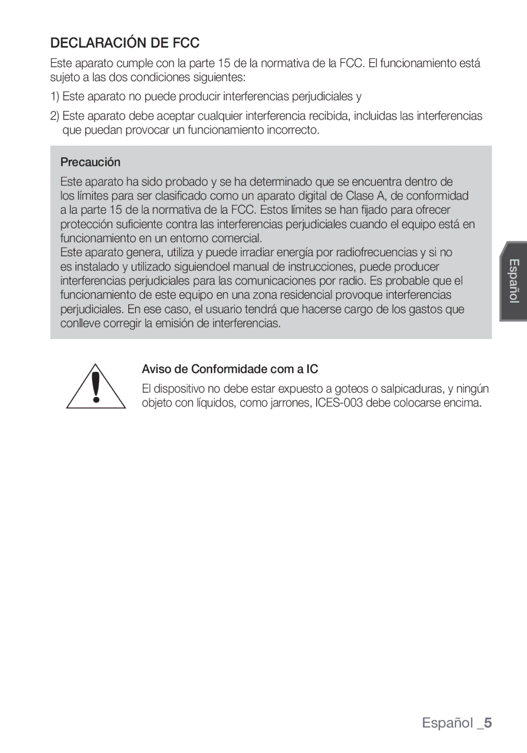 Samsung SCC-C7453P manual Declaración DE FCC, Aviso de Conformidade com a IC 