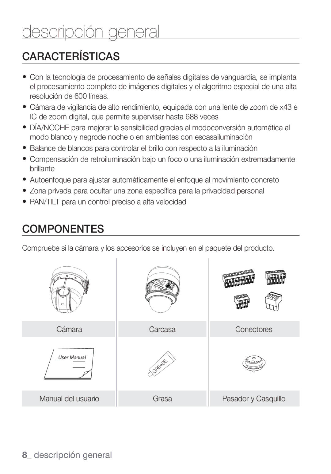 Samsung SCC-C7453P manual Características, Componentes 