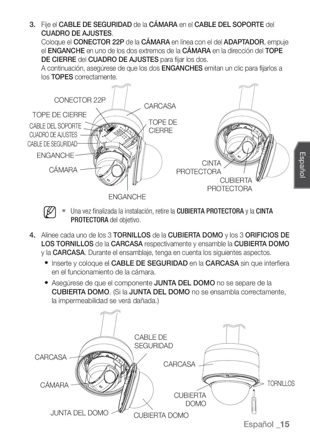 Samsung SCC-C7453P manual Cuadro DE Ajustes, Cable DE, Seguridad, Carcasa Cámara, Junta DEL Domo Cubierta Domo 