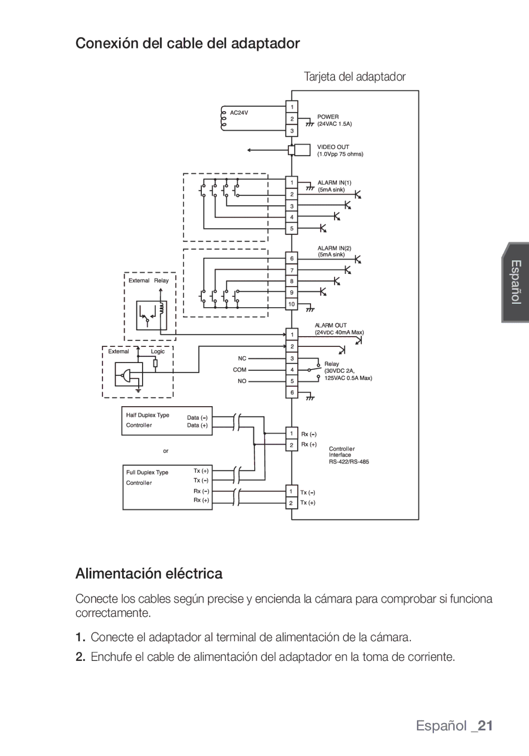 Samsung SCC-C7453P manual Conexión del cable del adaptador, Alimentación eléctrica, Tarjeta del adaptador 