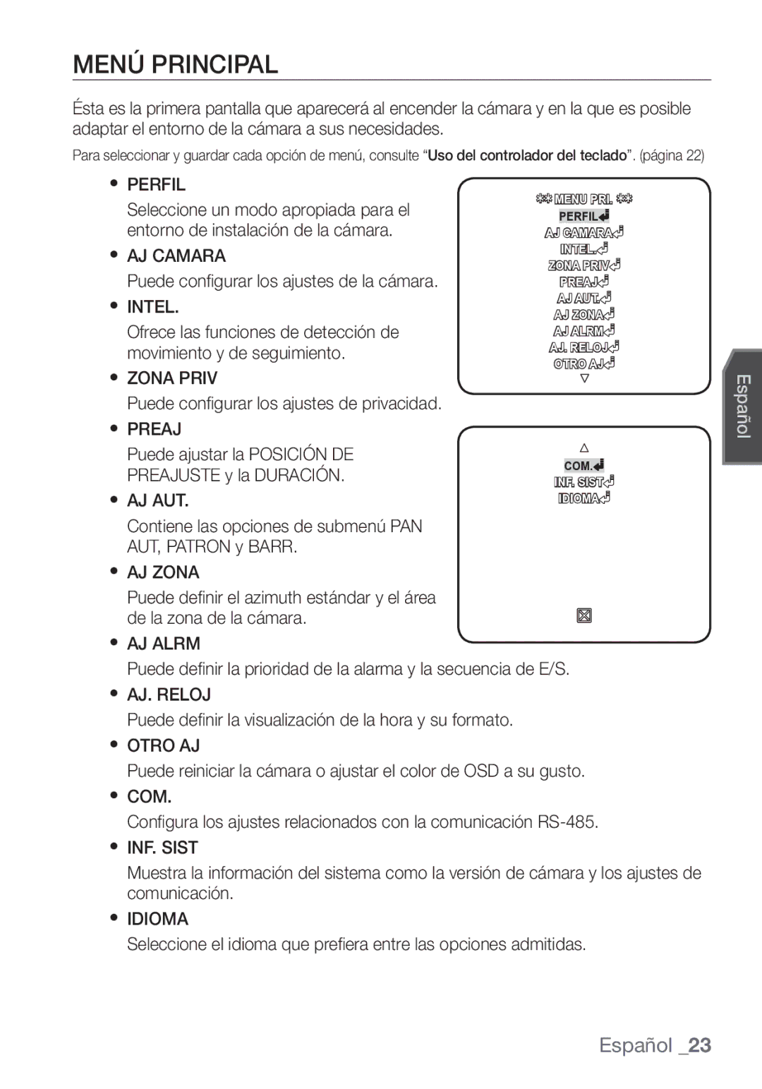 Samsung SCC-C7453P manual Menú Principal, Perfil 