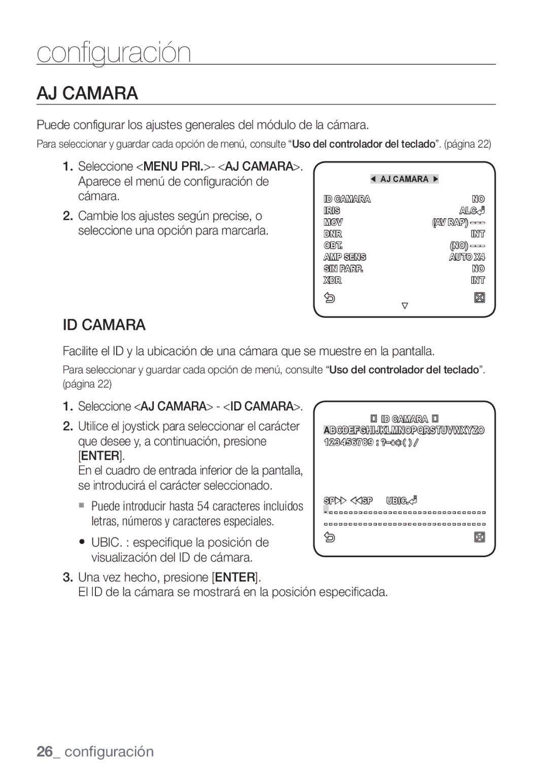 Samsung SCC-C7453P manual AJ Camara, ID Camara 