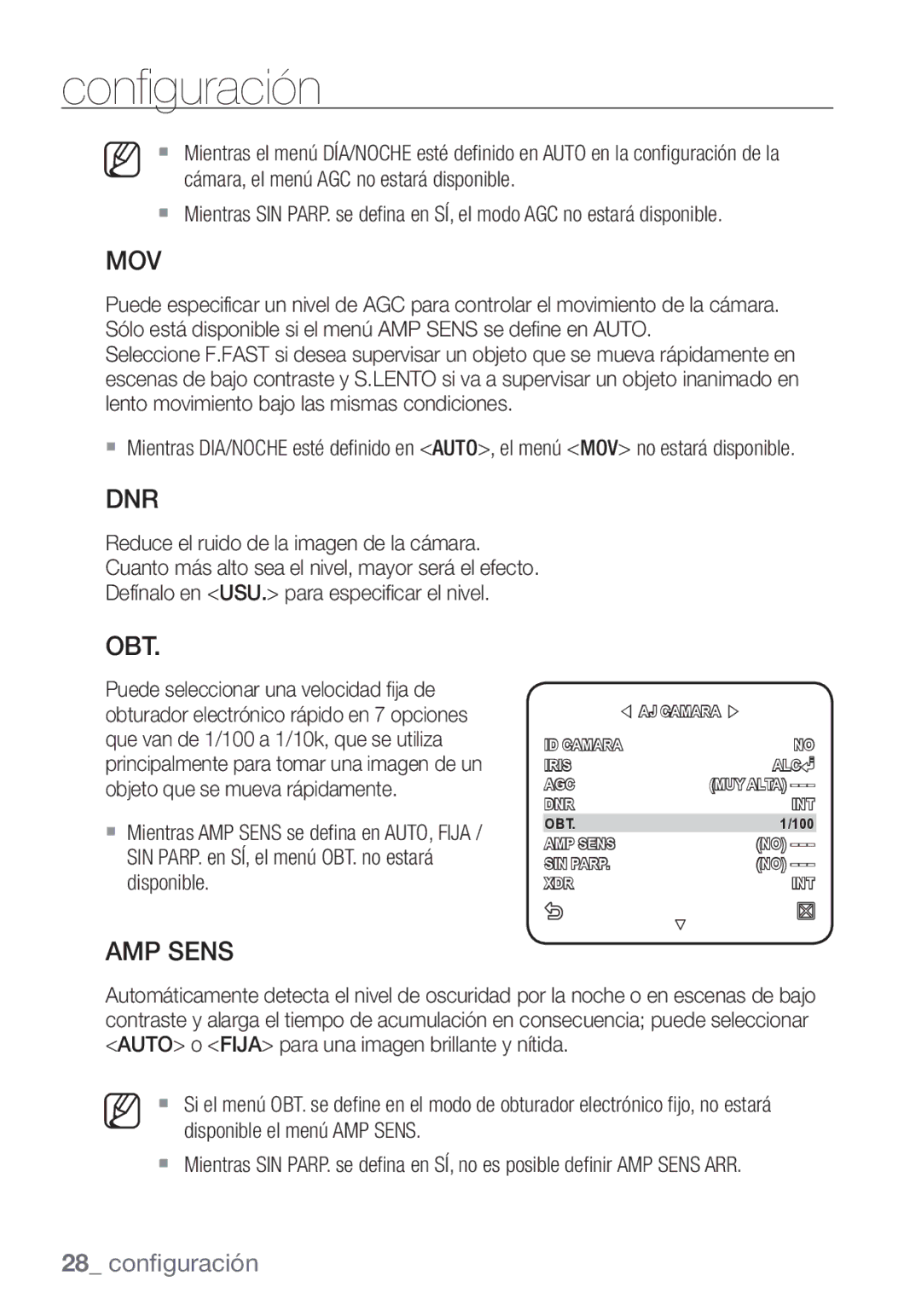 Samsung SCC-C7453P manual Mov, Obt, AMP Sens 