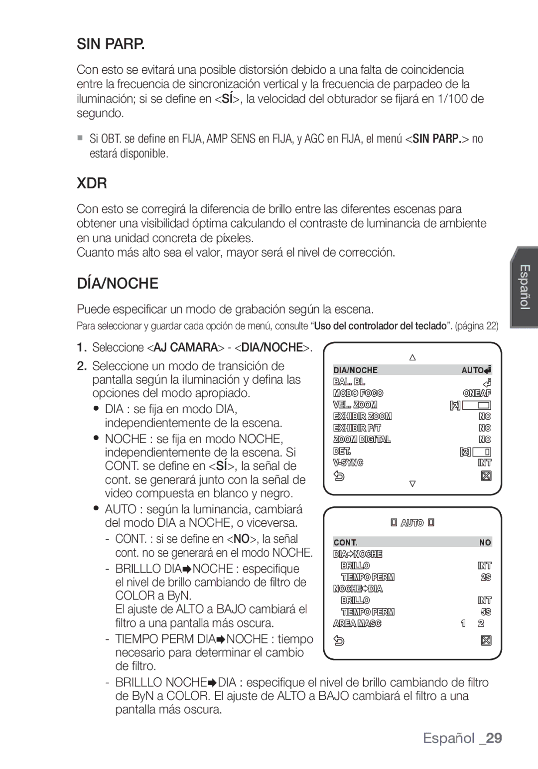 Samsung SCC-C7453P manual SIN Parp, Día/Noche, Puede especificar un modo de grabación según la escena 