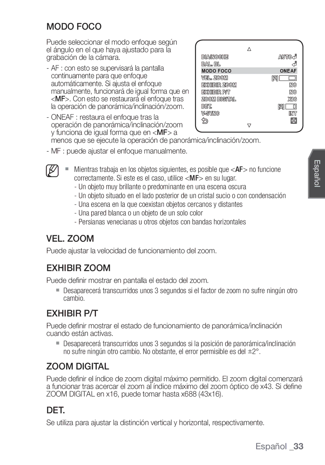 Samsung SCC-C7453P manual Modo Foco, VEL. Zoom, Exhibir Zoom, Exhibir P/T, Zoom Digital, Det 