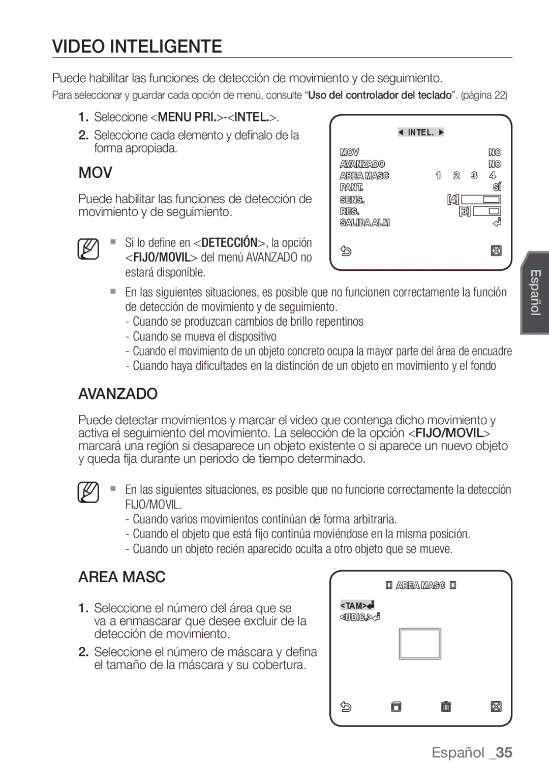 Samsung SCC-C7453P manual Video Inteligente, Avanzado, Area Masc, Fijo/Movil 