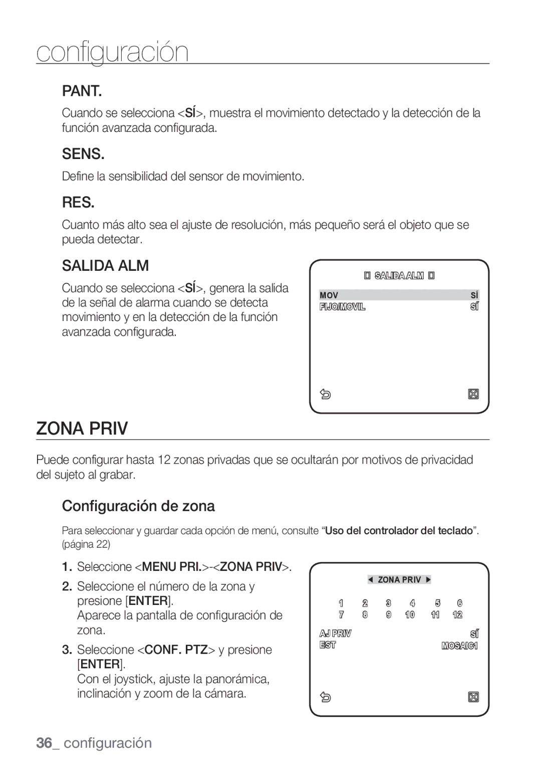 Samsung SCC-C7453P manual Zona Priv, Pant, Sens, Res, Salida ALM 