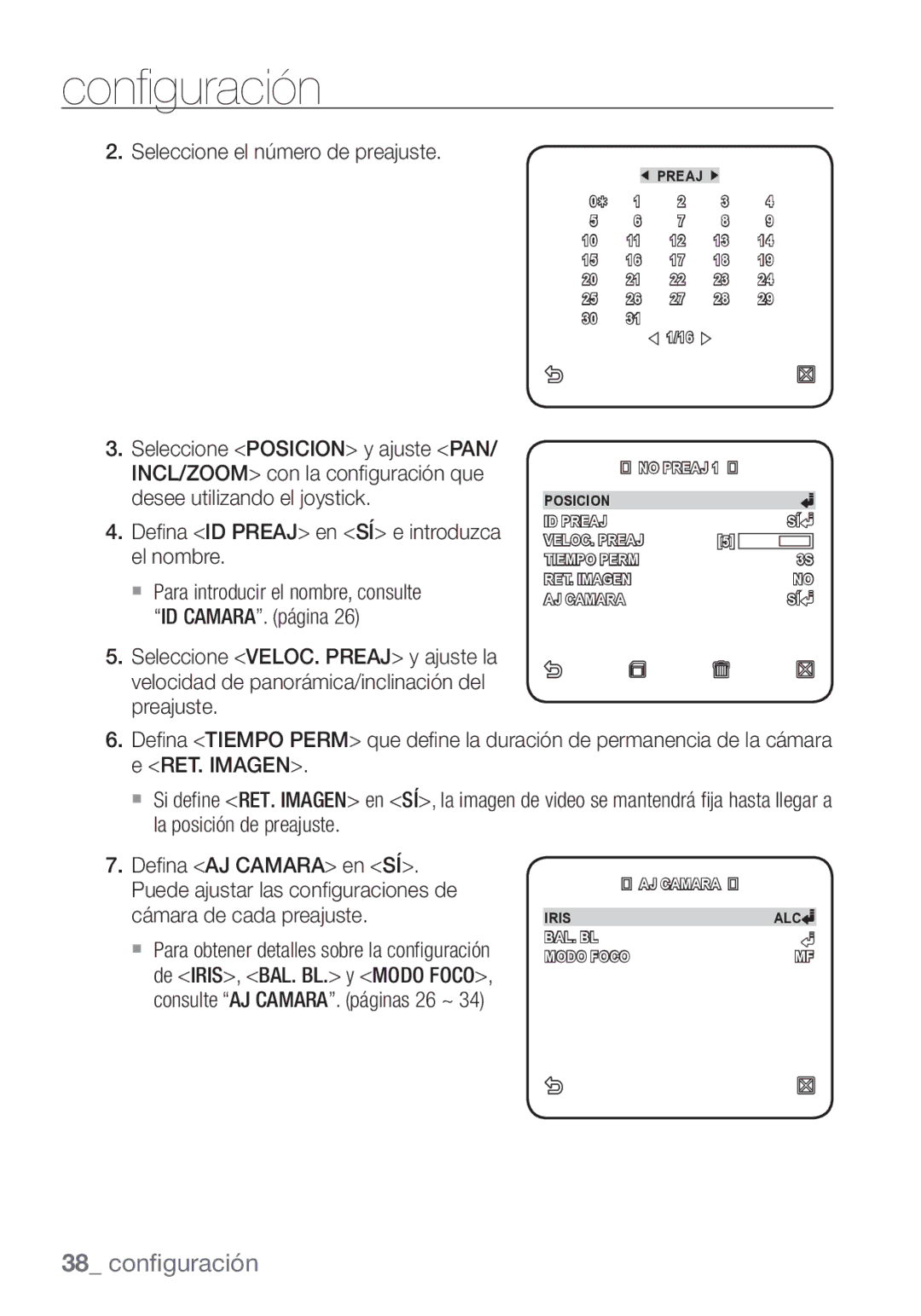 Samsung SCC-C7453P manual Seleccione el número de preajuste, Deﬁ na ID Preaj en SÍ e introduzca el nombre 