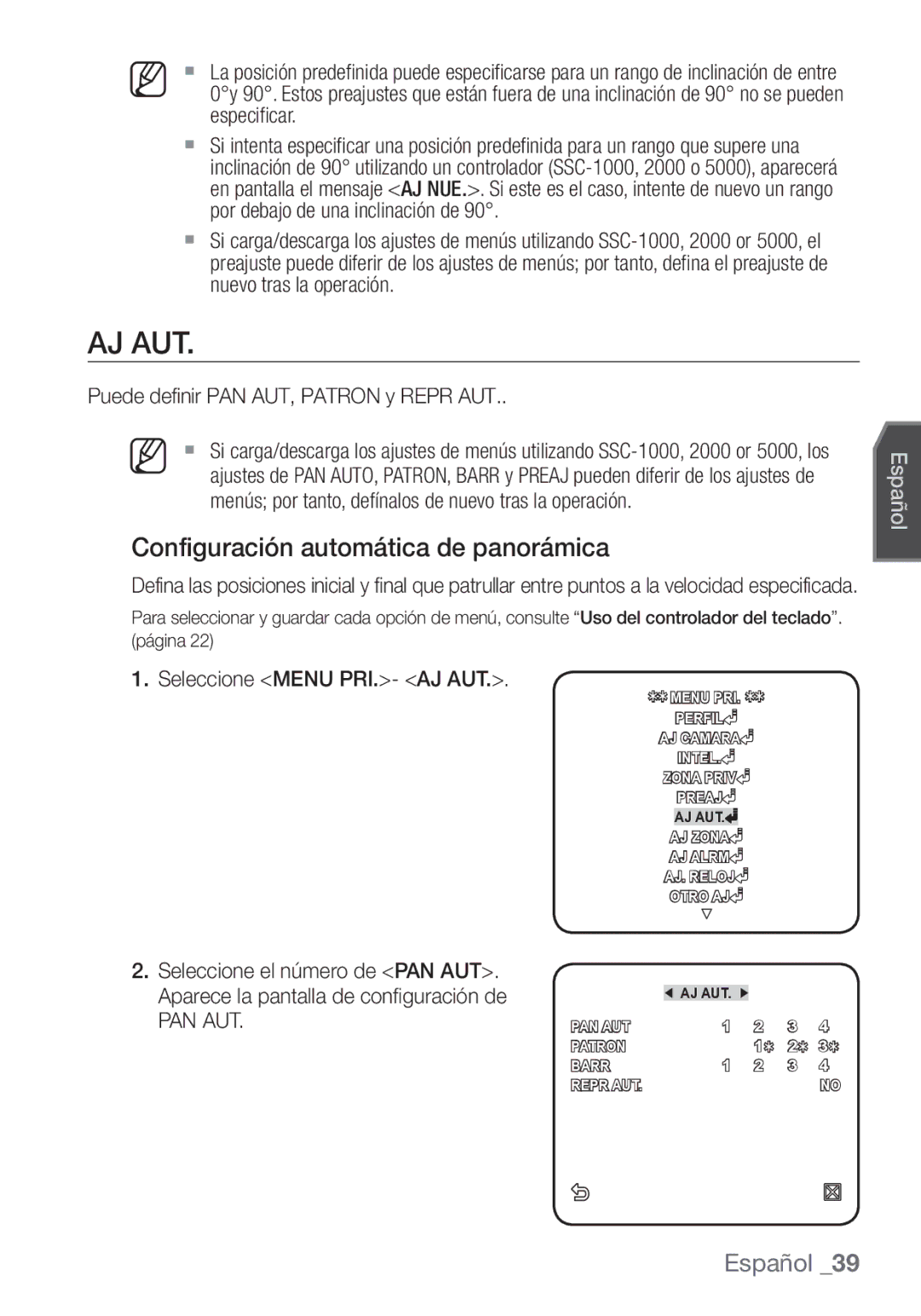 Samsung SCC-C7453P manual Aj Aut, Configuración automática de panorámica, Puede definir PAN AUT, Patron y Repr AUT, Pan Aut 