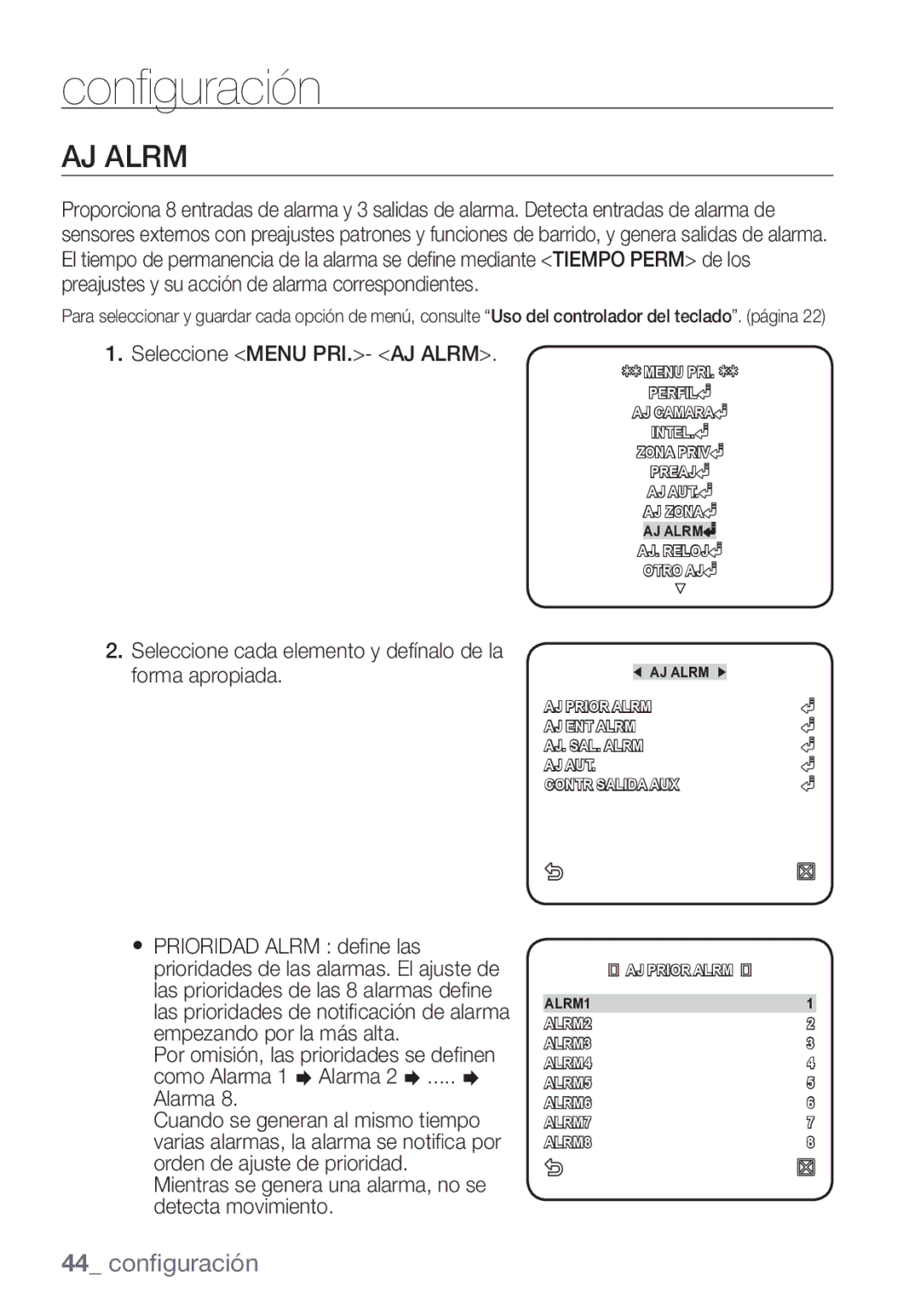 Samsung SCC-C7453P manual Seleccione Menu PRI.- AJ Alrm 