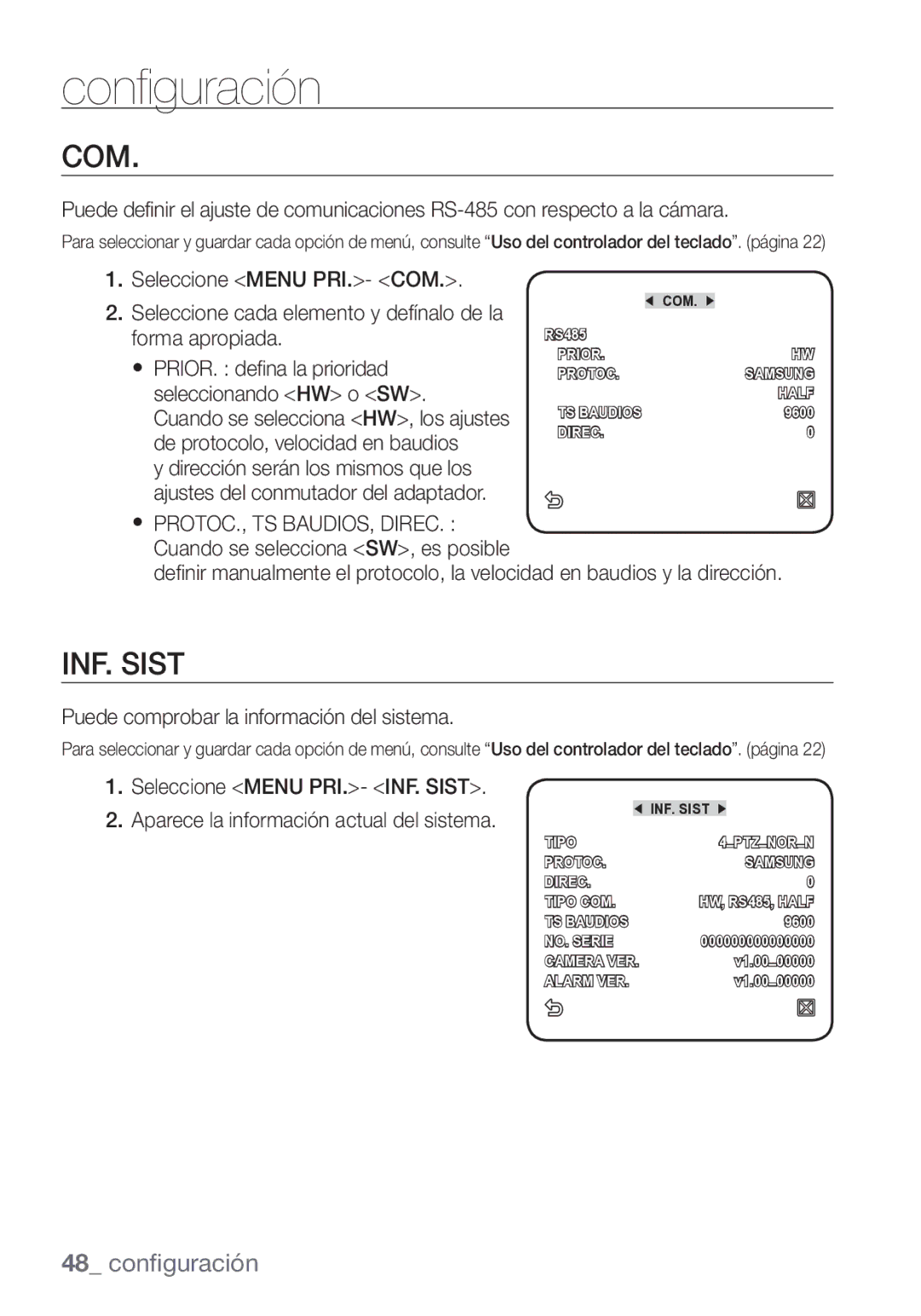 Samsung SCC-C7453P manual Com, INF. Sist, Puede comprobar la información del sistema 