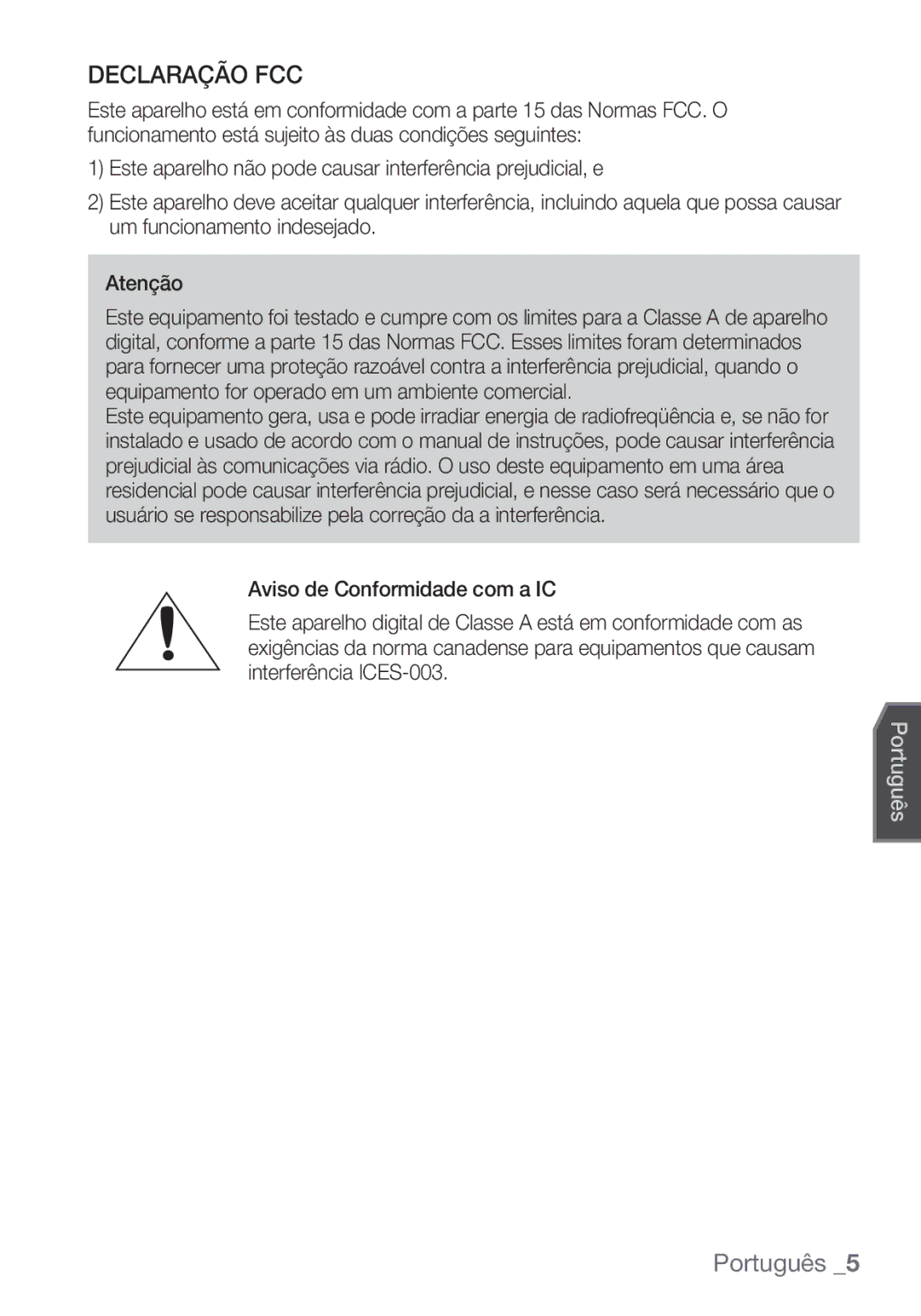 Samsung SCC-C7453P manual Declaração FCC 