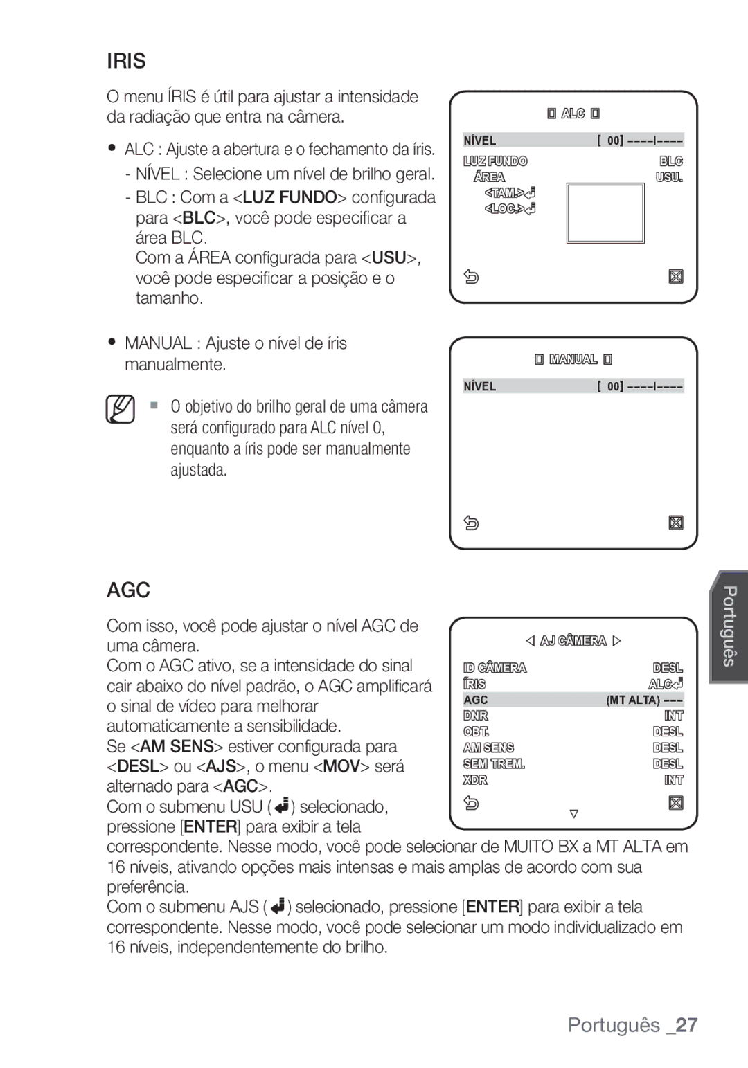 Samsung SCC-C7453P manual Com isso, você pode ajustar o nível AGC de 