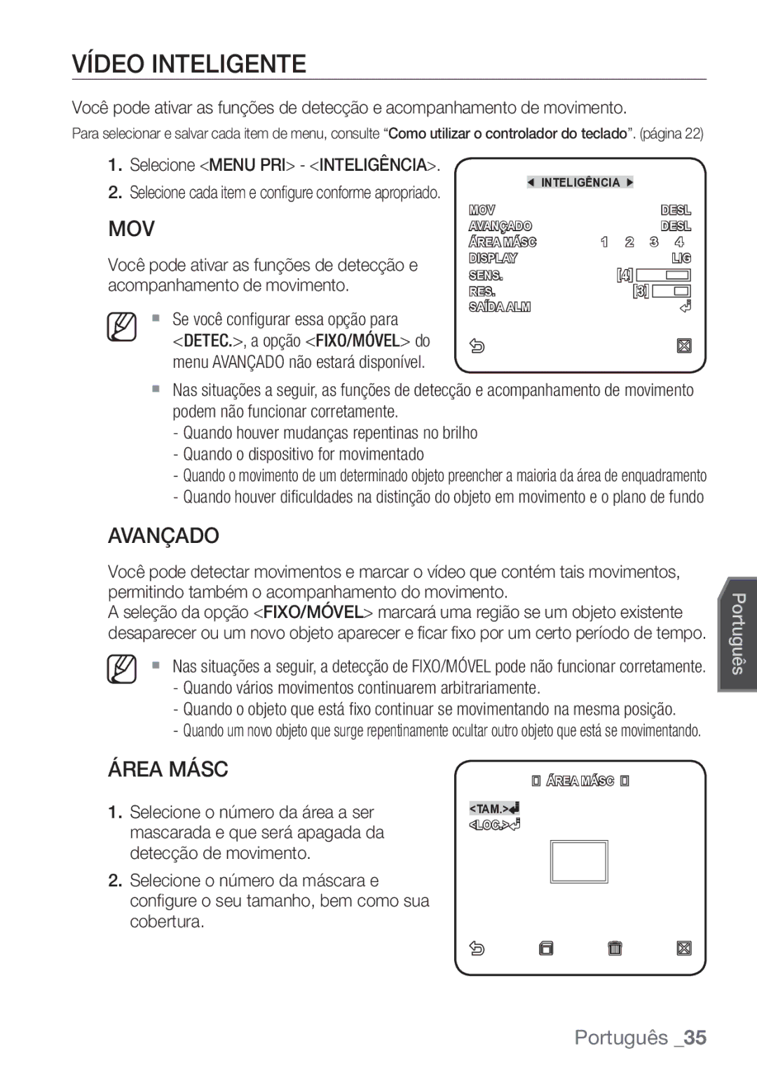 Samsung SCC-C7453P manual Vídeo Inteligente, Avançado, Área Másc, Quando vários movimentos continuarem arbitrariamente 