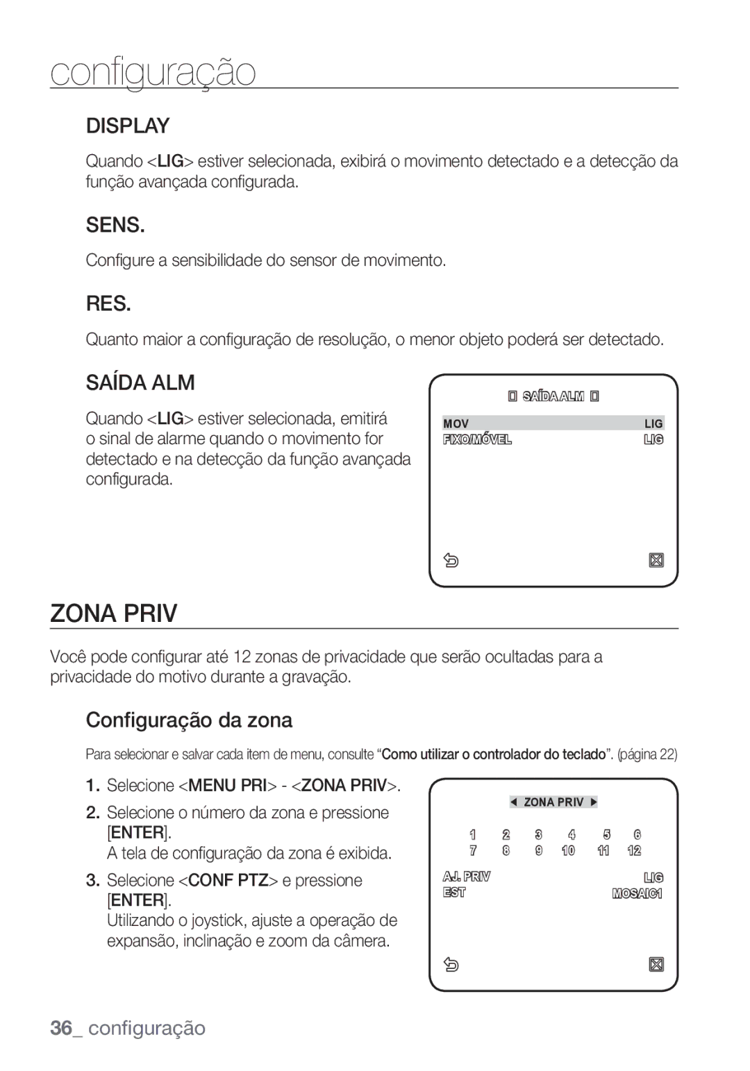 Samsung SCC-C7453P manual Display, Saída ALM, Configuração da zona, Configure a sensibilidade do sensor de movimento 