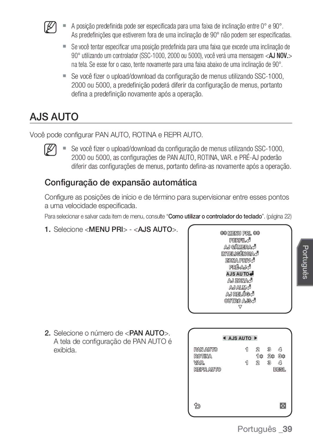 Samsung SCC-C7453P manual AJS Auto, Configuração de expansão automática, Você pode configurar PAN AUTO, Rotina e Repr Auto 