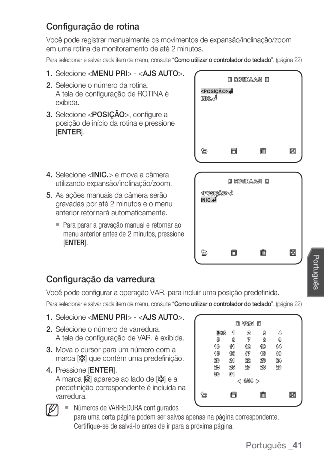 Samsung SCC-C7453P manual Configuração de rotina, Configuração da varredura,  Números de Varredura conﬁgurados 