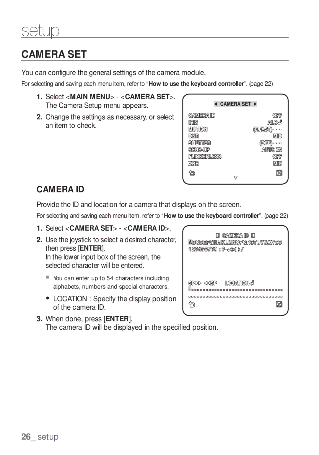 Samsung SCC-C7453P manual Camera SET, You can configure the general settings of the camera module 