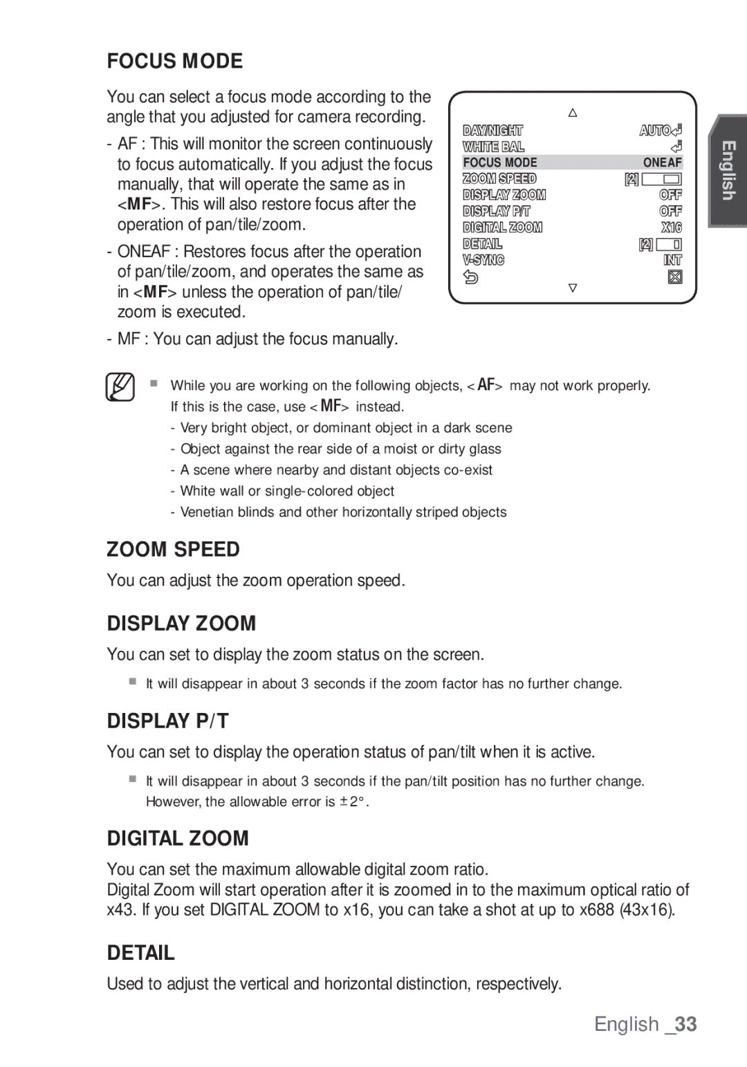 Samsung SCC-C7453P manual Zoom Speed 