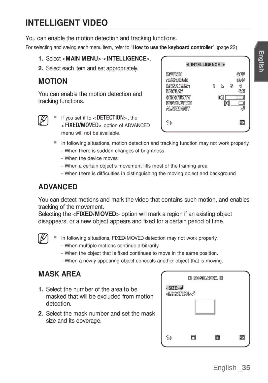 Samsung SCC-C7453P manual Intelligent Video, Advanced 