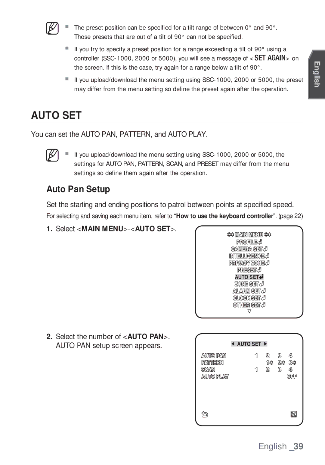 Samsung SCC-C7453P manual Auto SET, You can set the Auto PAN, PATTERN, and Auto Play 