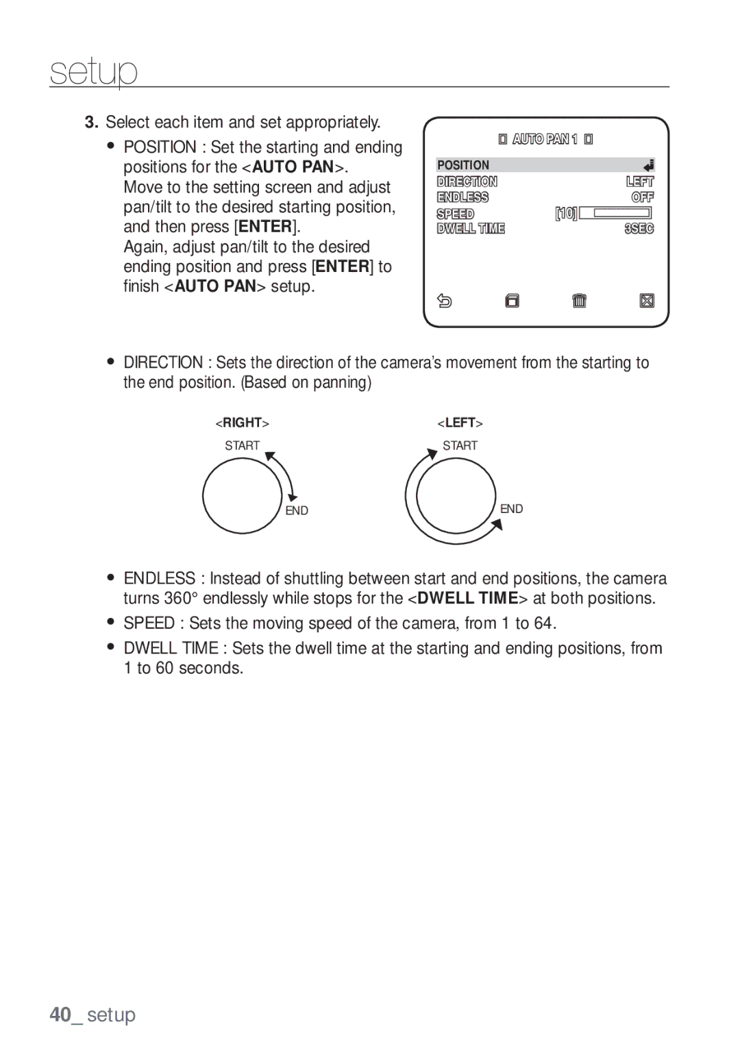 Samsung SCC-C7453P manual Nish Auto PAN setup 